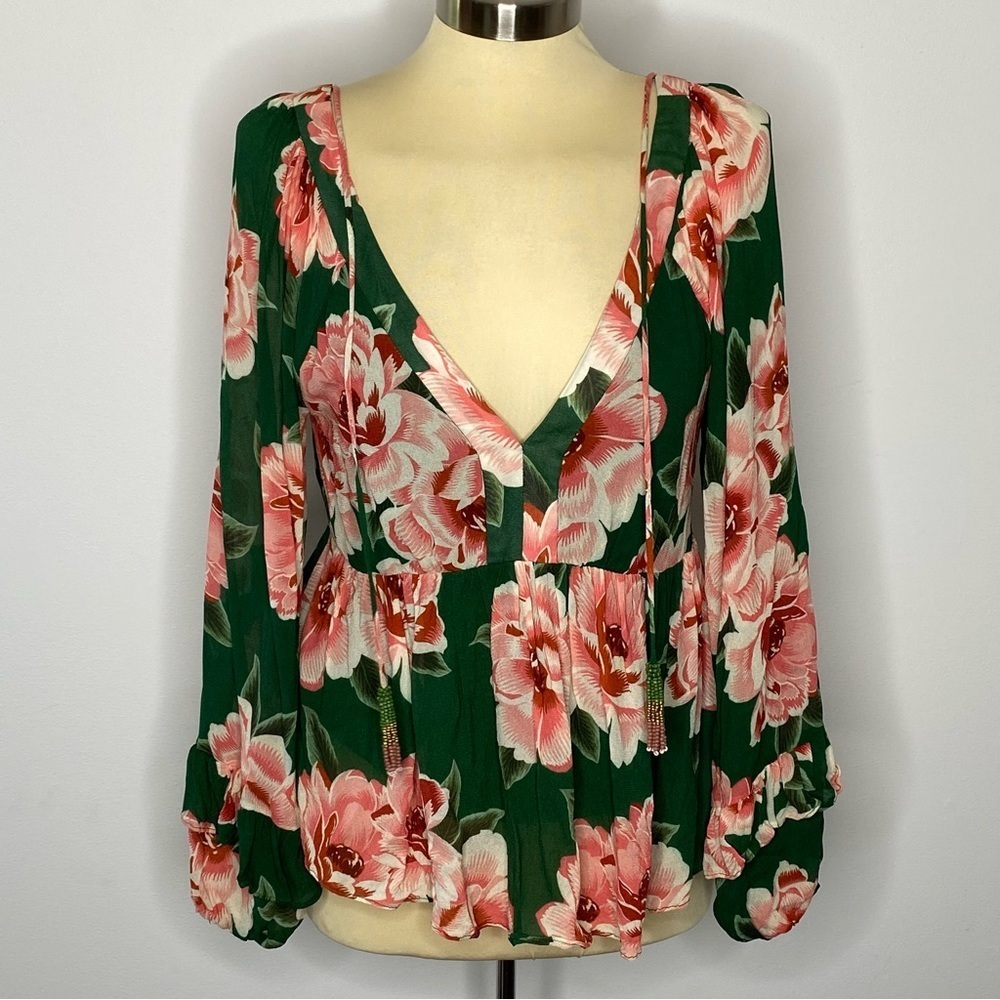 FARM Rio Rayna Anthropologie Green Floral Blouse